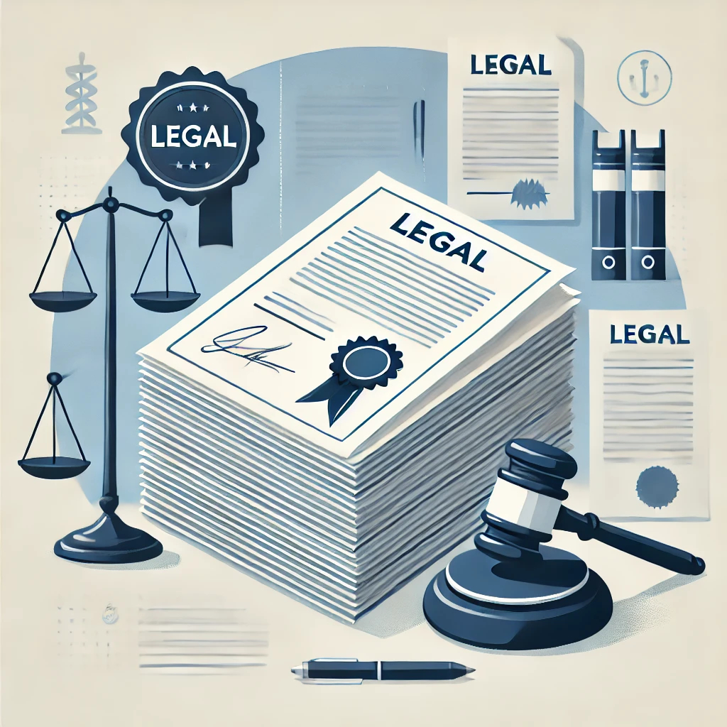 DALL·E 2025-02-19 17.54.33 - A flat design illustration representing 'legal documents'. The image features a stack of neatly arranged papers with a legal seal and a signature at t.jpg